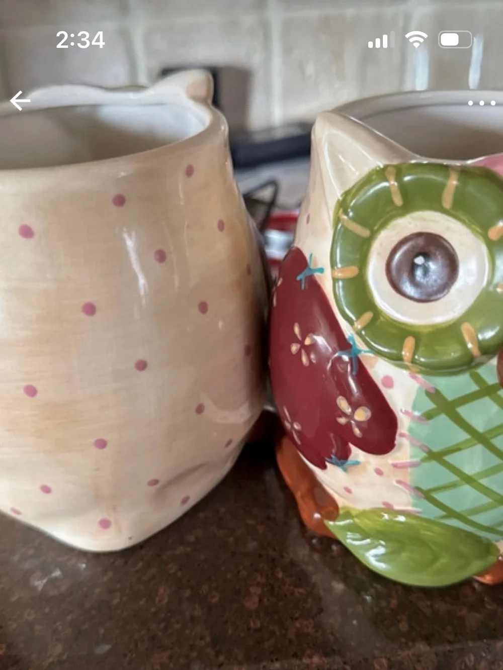 Pier one Owl Mugs in Green, Pink and Brown